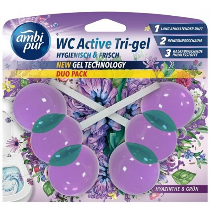Гелевый подвесной блок для туалета Ambi Pur WC Active Tri-gel Гиацинт и зелень, 2х45 г - 